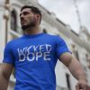 Muscular guy wearing Wicked Dope t-shirt in blue