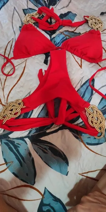 Review of Woven Gold Red Bikini with Tie Sides