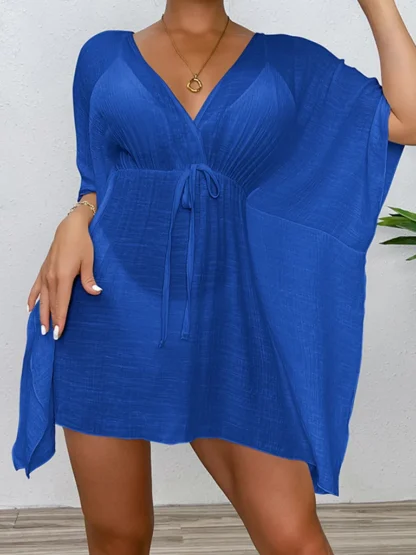 Woven Batwing Cover-Up Mini-Dress in blue