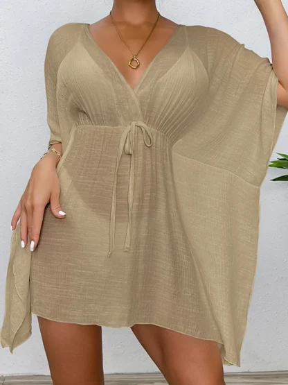 Woven Batwing Cover-Up Mini-Dress in khaki