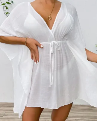 Woven Batwing Cover-Up Mini-Dress in white