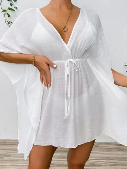 Woven Batwing Cover-Up Mini-Dress in white