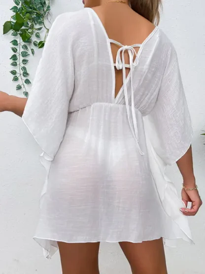 Woven Batwing Cover-Up Mini-Dress in white