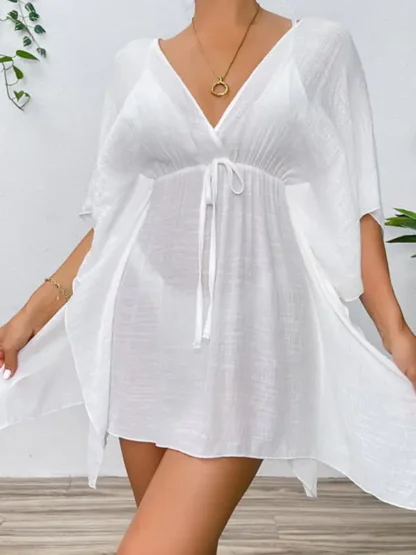 Woven Batwing Cover-Up Mini-Dress in white